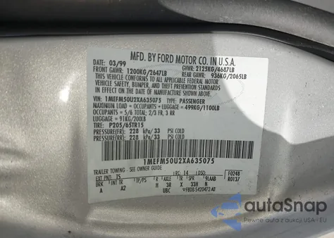 1999 Mercury Sable Gs from USA, damaged, VIN 1MEFM50U2XA635075